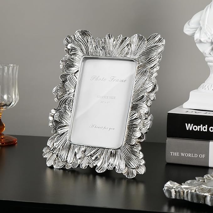 Silver 3x5 Picture Frame, Vintage Silver Palm Leaves Textured Hand-Crafted Resin - Image 2