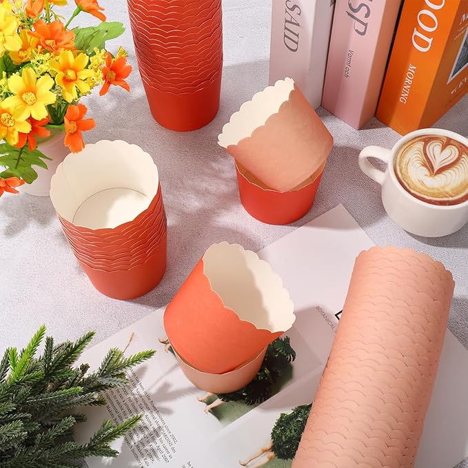 Whaline 120Pcs Orange Paper Baking Cups Scalloped Edge Cupcake Wrappers - Image 3