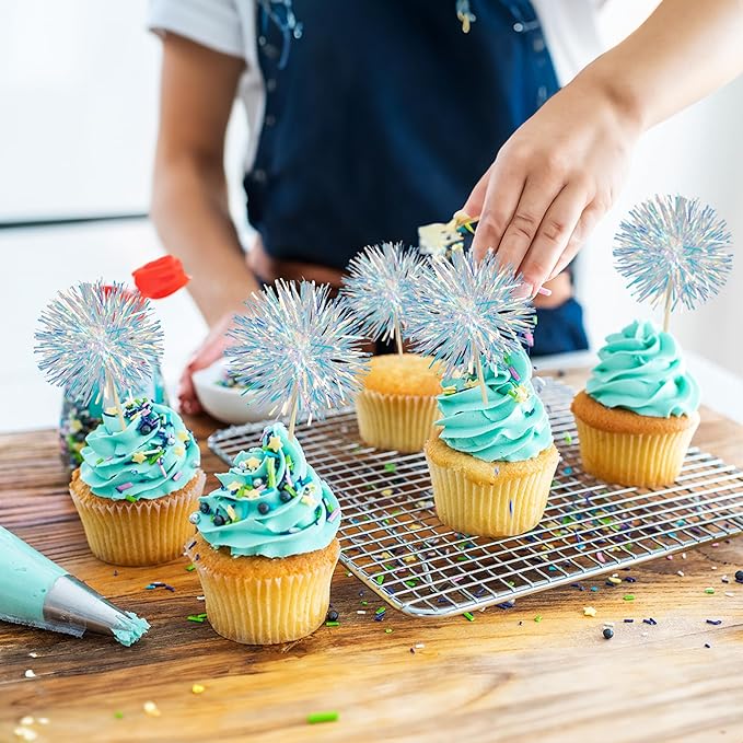Ephlyn 30Pcs Foil Firework Cupcake Toppers Sparkle Tinsel Cupcake Picks Drink - Image 6