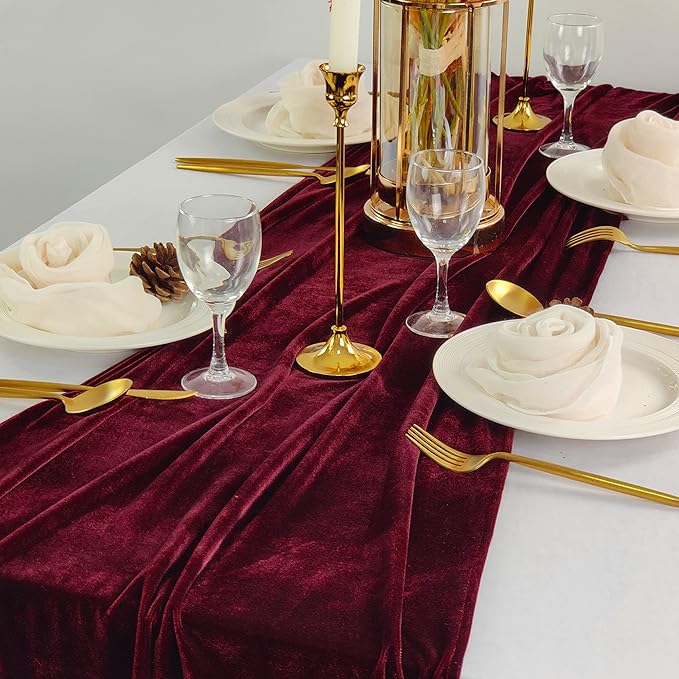 Table Runner 20 x 120 Inches Long Burgundy Wedding Table Runners, Velvet Table - Image 5