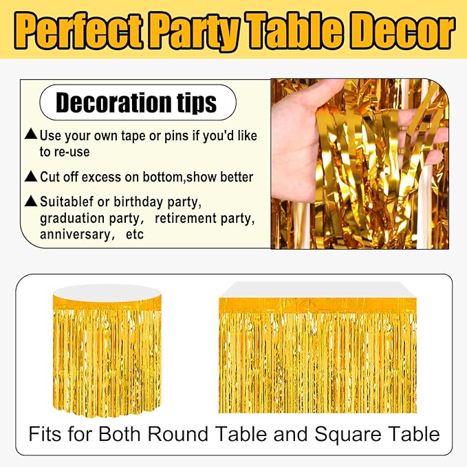 3 Pack 29x108 Inch Gold Foil Fringe Table Skirts Metallic Banner - Image 3