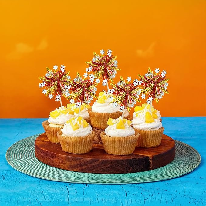 Ephlyn 30Pcs Foil Firework Cupcake Toppers Sparkle Tinsel Cupcake Picks Happy - Image 4