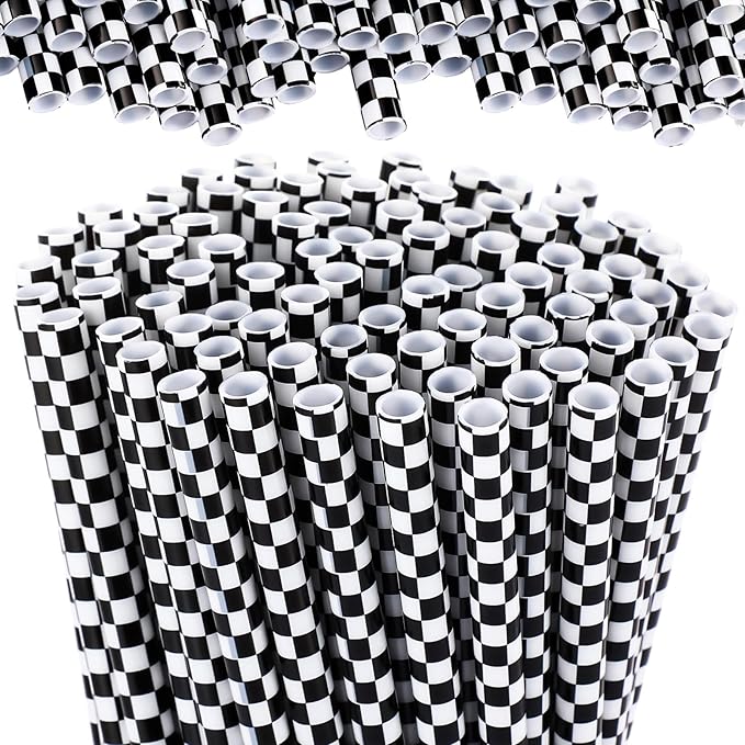 Domensi 50 Pcs Black and White Checkered Racing Straws Plastic Disposable by Domensi