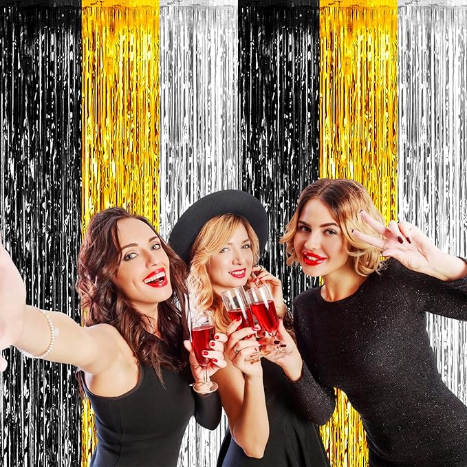 4 Pack Black Gold Silver Foil Fringe Curtain Backdrop, 3.28Ft x 8.2Ft Metallic - Image 6