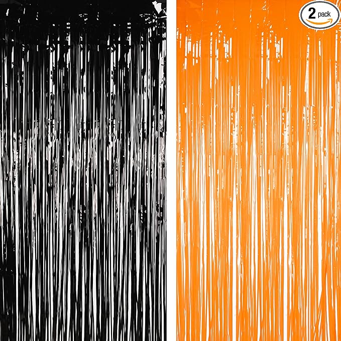 BRAVESHINE 1 Black 1 Orange Tinsel Photo Backdrop Curtains by BRAVESHINE