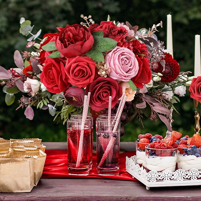 AmyHomie Red Artificial Flowers Combo Silk Mix Peony Rose Fake Flowers w/Stem - Image 2