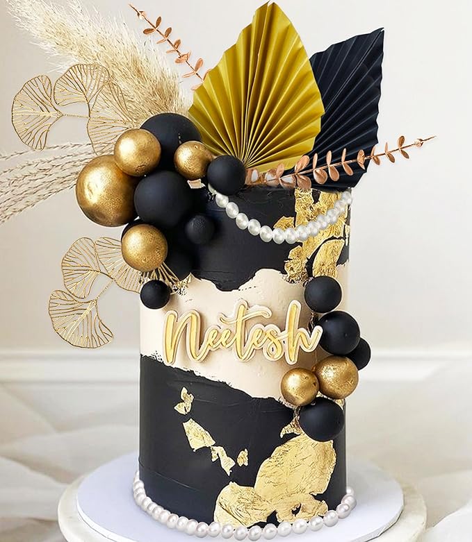 Boho Cake Topper Black Gold Balls Cake Topper Gold Leaves Cake Decoration Prom - Image 4