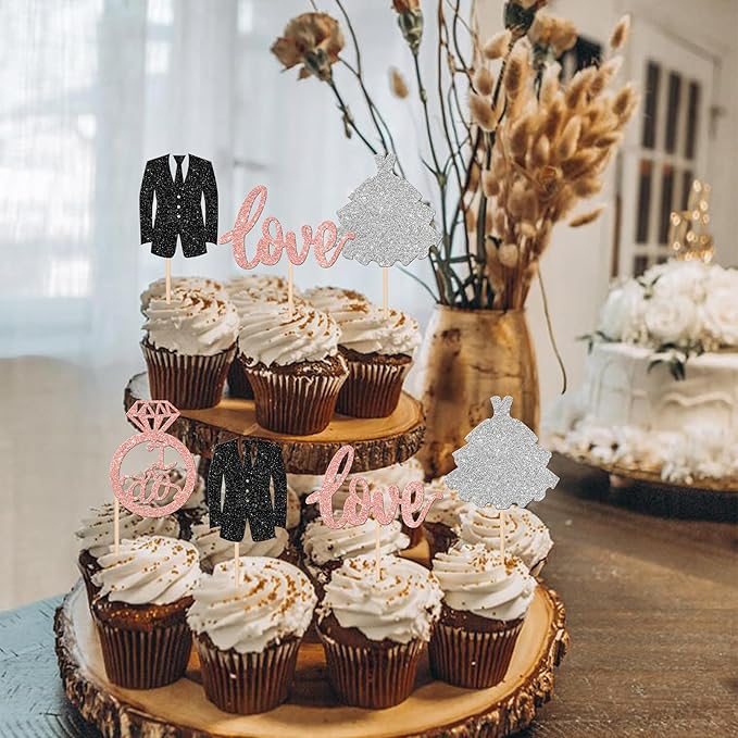 24 PCS Groom and Bride Cupcake Toppers Glitter Ring Love I Do Cupcake Picks - Image 7