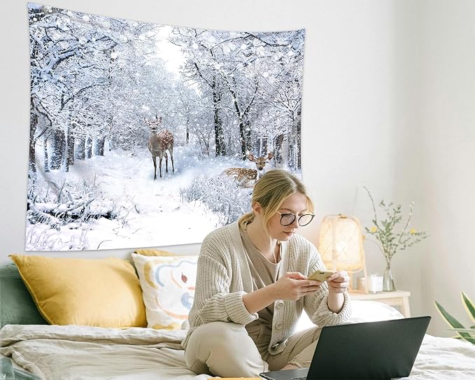 QGHOT Winter Tapestry Wall Hanging, Snow Scene Backdrop Winter Wonderland Wall - Image 3