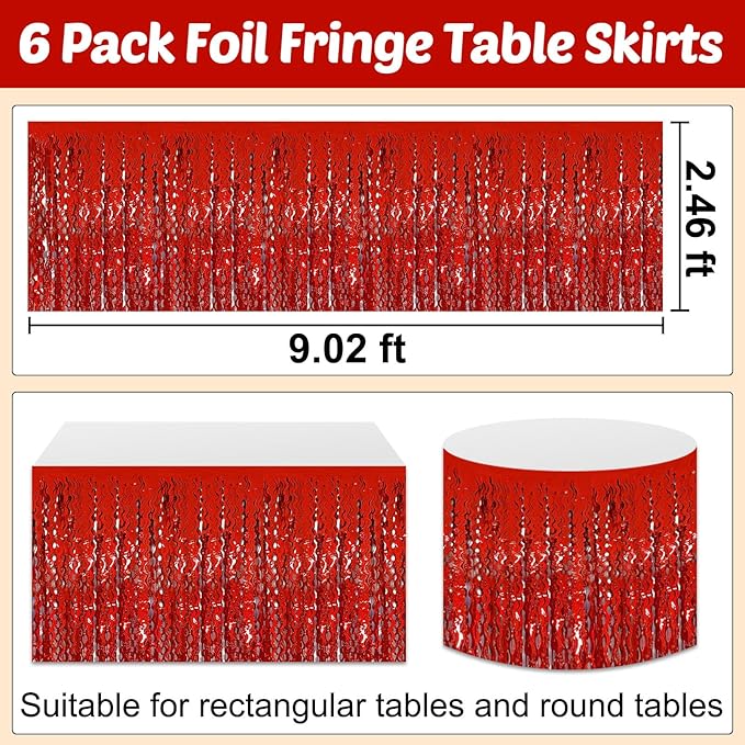 6 Pack 29x108 Inch Red Wave Foil Fringe Table Skirts Metallic Banner - Image 2