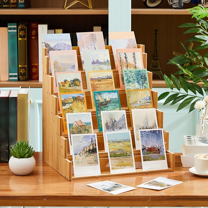 6 Tier Greeting Card Display Stand Wood Color Bamboo and Acrylic Sticker - Image 5