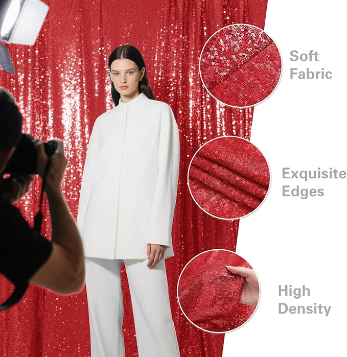 Red Sequin Backdrop Curtain 2 Pieces 2FTx8FT Glitter Photography Backdrop - Image 5