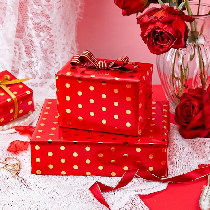 Flyhill Gold Foil Polka Dot Wrapping Paper Roll, Mini Roll Red Reversibl Gift - Image 4