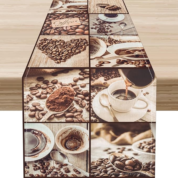 Coffee Theme Table Runner, Rustic Farmhouse Coffee Cup Latte Cappuccino Tea by Unknown