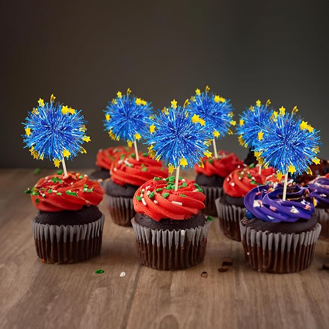 Ephlyn 30Pcs Foil Firework Cupcake Toppers Firework Cake Toppers Tinsel Flower - Image 5
