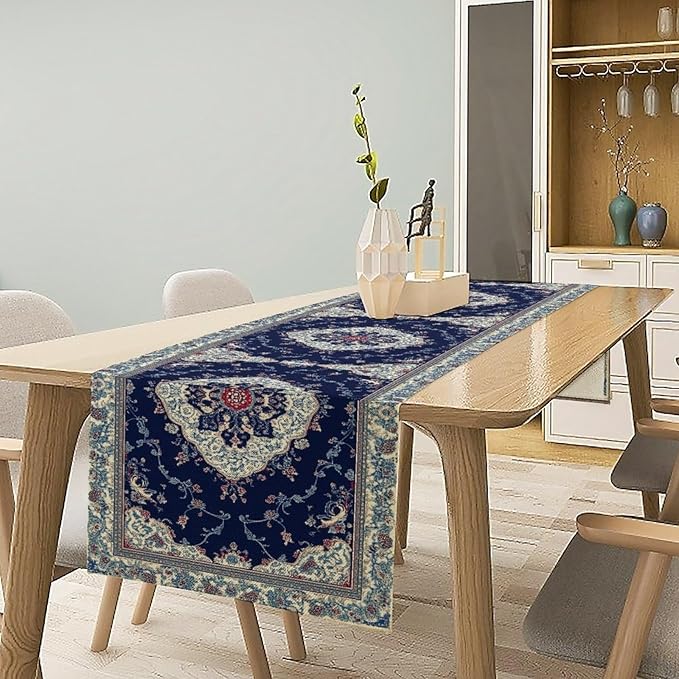 Elegant Palace Boho Blue Table Runner Vintage French Style Farmhouse Geometric - Image 2