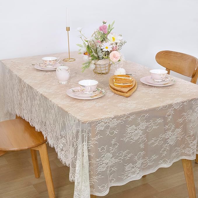 LuoluoHouse Set of 2 Ivory Lace Tablecloths Rectangle Chic Wedding Embroidered - Image 4