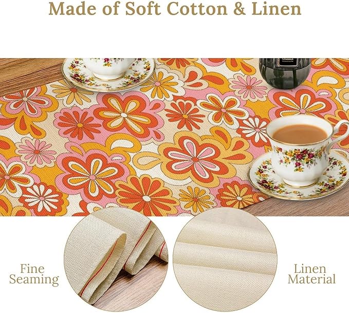 Vintage Floral Table Runner, 70s Style Retro Daisies Flower Hippie Table Runner - Image 5