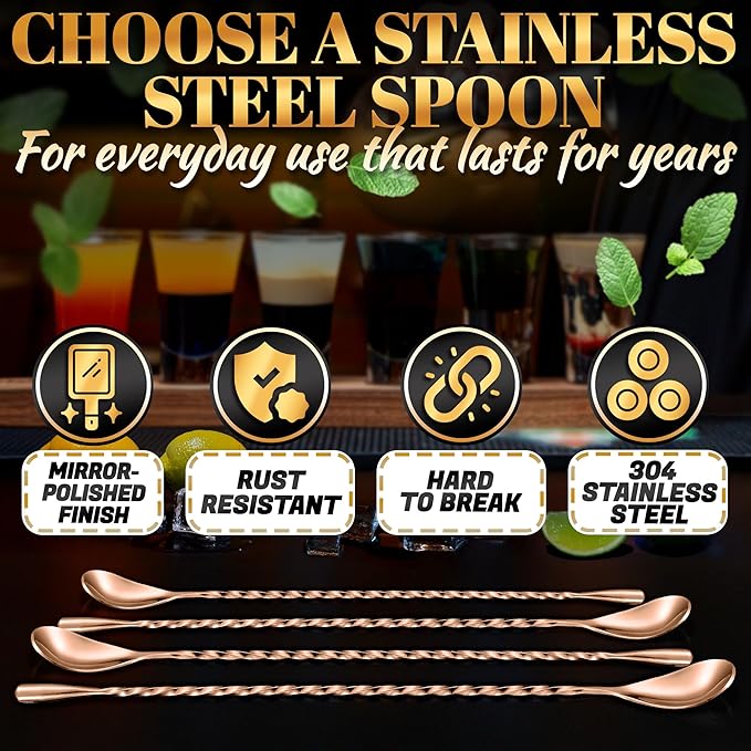 4 Pcs Bar Spoon Cocktail Mixing Spoon Set – Rose Gold Spoons - Image 3
