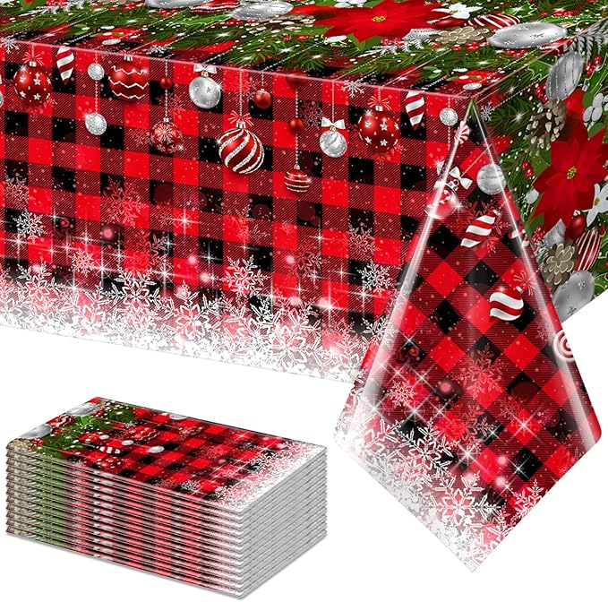 12Pcs Christmas Buffalo Plaid Snowflake Tablecloths, Plastic Red and Black by JectivsPartyDecorations