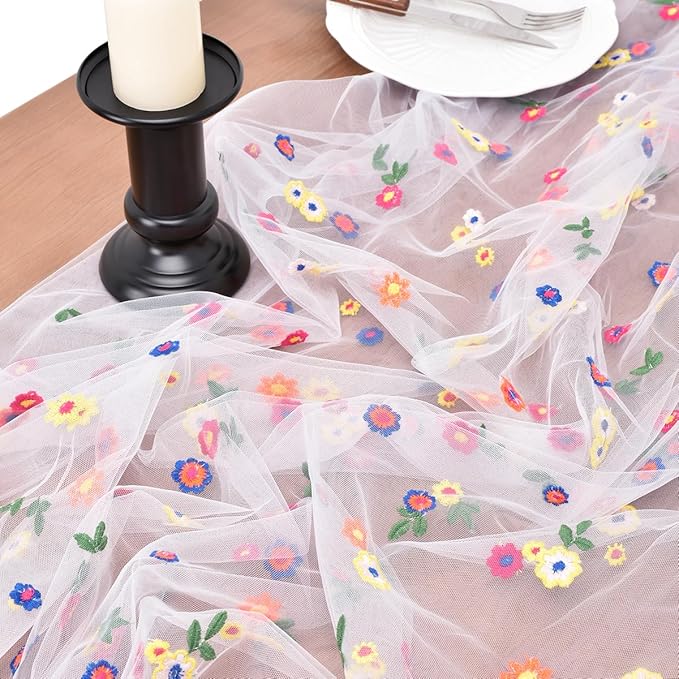 Joanlody Ivory Embroidery Daisy Fall Thanksgiving Table Runner 10ft Florals - Image 3