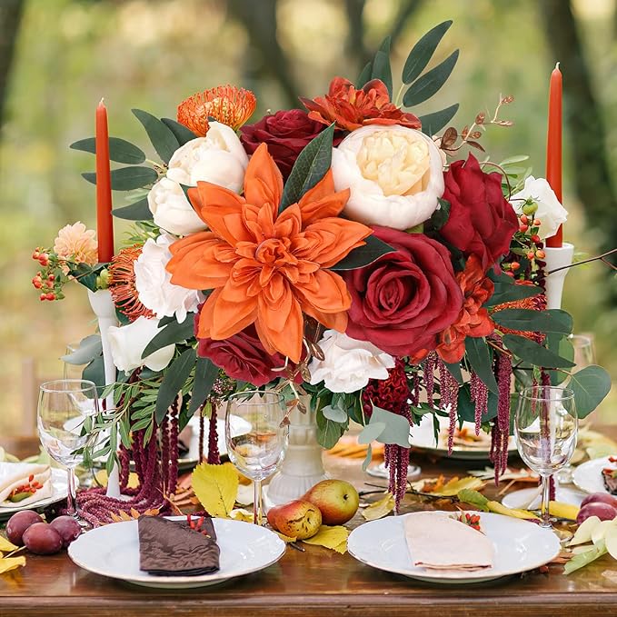 AmyHomie Orange Artificial Flowers Combo Silk Mix Peony Rose Hydrangea Fake - Image 3