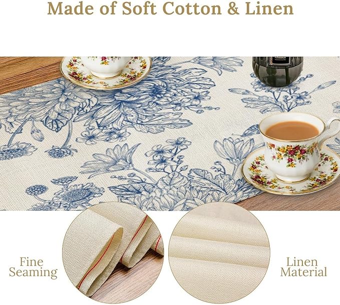 Chinoiserie Flower Table Runner, Seasonal Spring Fall Plants Blue Florals - Image 5