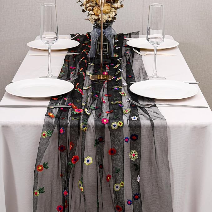 BINBE 3pcs Black Daisy Fall Table Runner Embroidery Gauze 10FT Florals Seasonal - Image 5