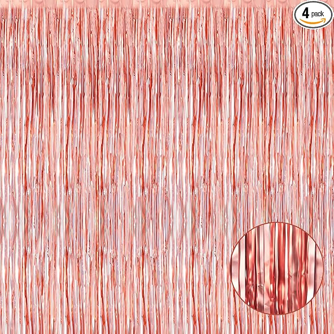4 Pack Rose Gold Foil Fringe Curtain Backdrop, 3.28Ft x 8.2Ft Metallic Tinsel by Unknown