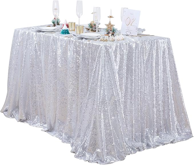 QueenDream Tablecloth 90x156 Rectangle Sequin Tablecloth Silver Wedding Table - Image 4