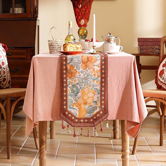 Designer Vintage Orange Floral Table Runner, French Soft Linen Farmhouse Table - Image 2
