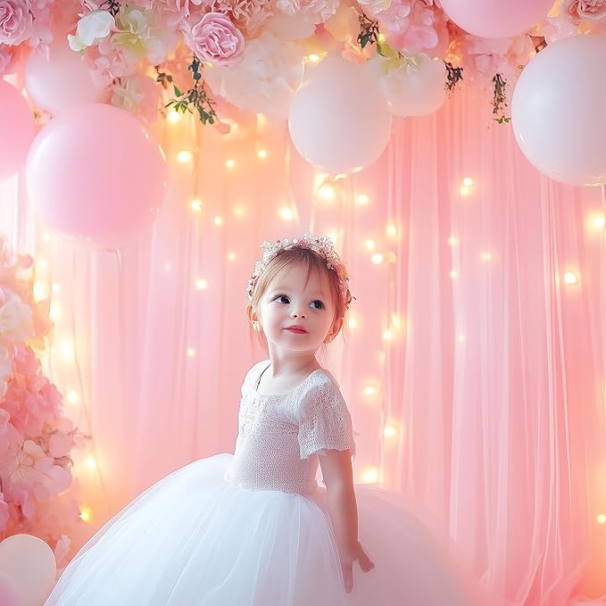 Tulle Backdrop Curtain with Lights String 10FT X 10FT Pink Sheer Tulle Backdrop - Image 6
