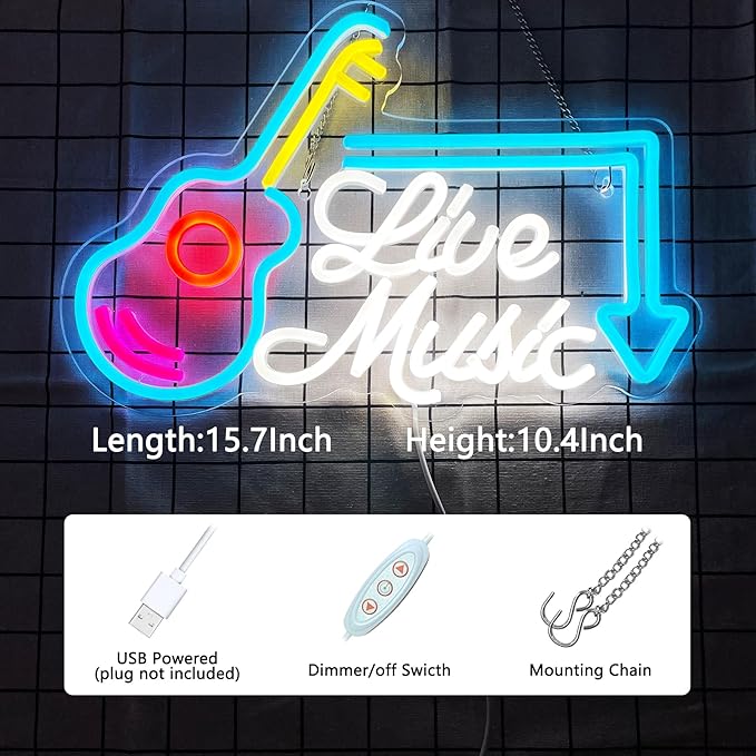 Live Music Neon Sign Led Wall Music Decor Man Cave Neon Light Up Signs Wall Art - Image 3