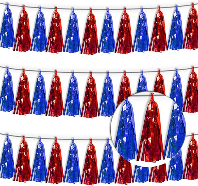 3P Blue Red Metallic Fringe Tassel Banner Garland Foil Tinsel Streamer Wall by Xuuf