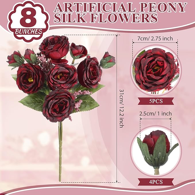 8 Bundles Artificial Peonies Flowers Boho Faux Flowers Arrangements Artificial - Image 2