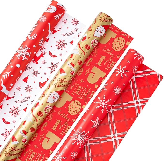 Christmas Gift Wrapping Paper Rolls, 3 Rolls 17inches x 198inches Reversible by RJVW
