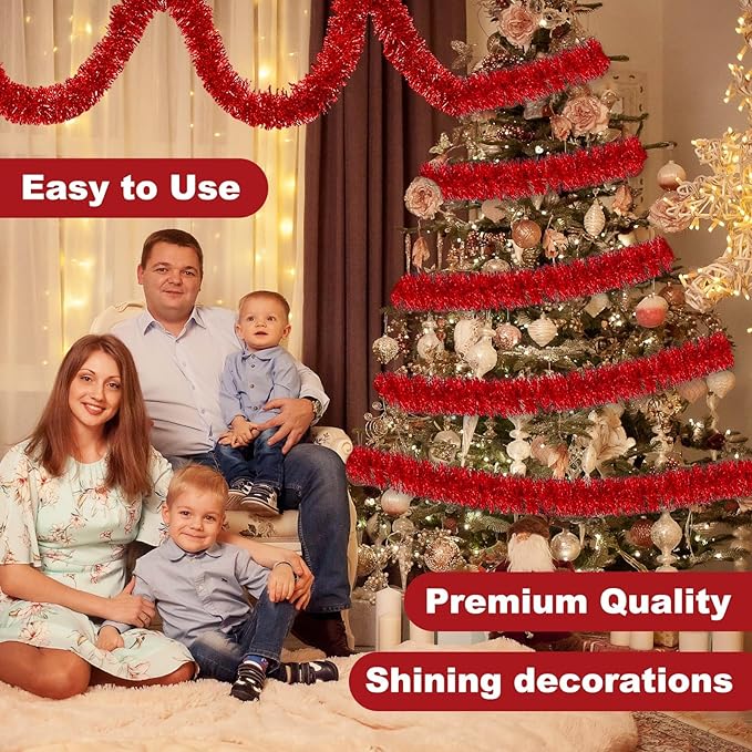 50 Feet Red Christmas Tinsel Garland, Metallic Foil Twist Banner Wall Hanging - Image 4