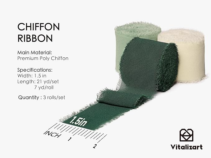 Vitalizart Handmade Chiffon Silk Ribbon Fringe Green & Cream 1.5" x 21 Yd - Image 2