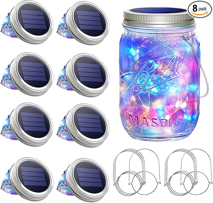 SunKite Solar Mason Jar Lights, 8 Pack 20 LED Waterproof Fairy Firefly Jar Lids by SunKite