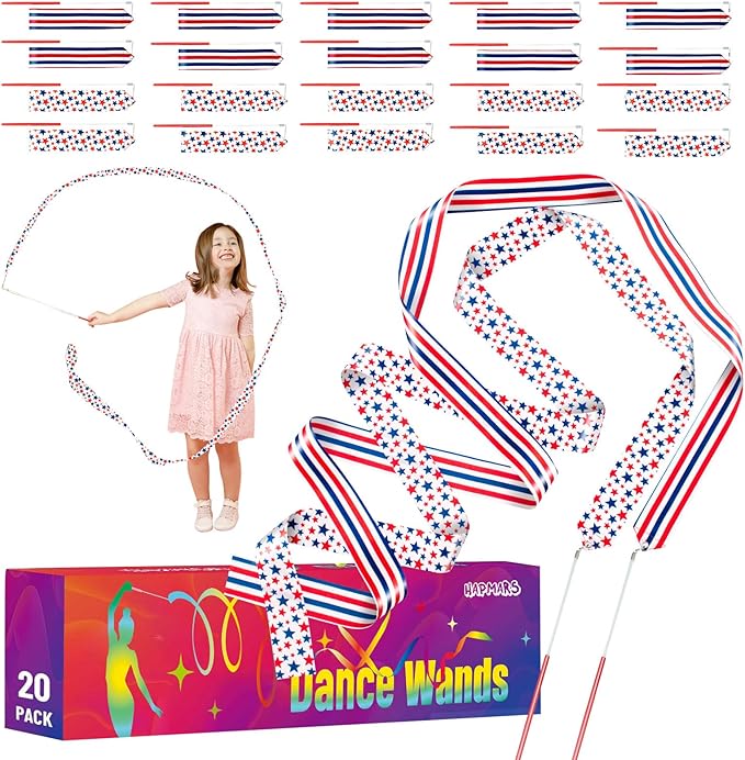 20 Pack Ribbon Dancer Wands for Patriotic Party Favors Supplies, Dancing Ribbon by HAPMARS