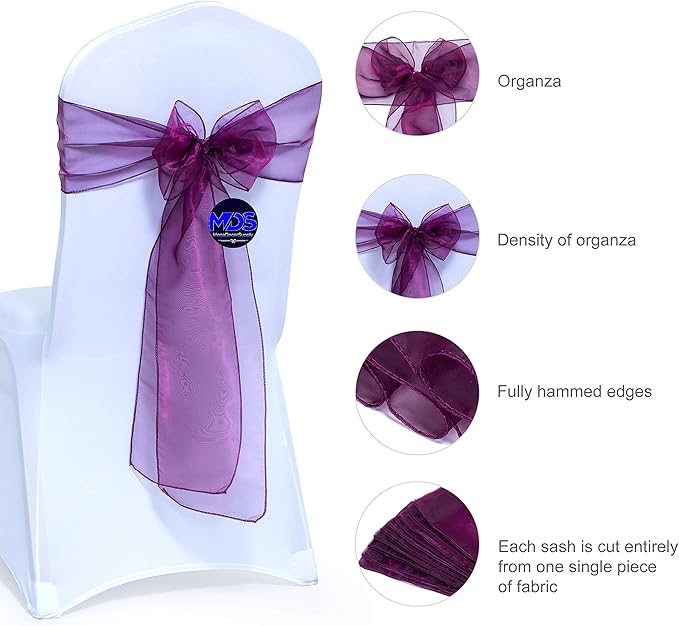 MDS Pack of 75 PCS Organza Chair Sashes Wider Dining Chair Bows Ribbon Tie Back - Image 2