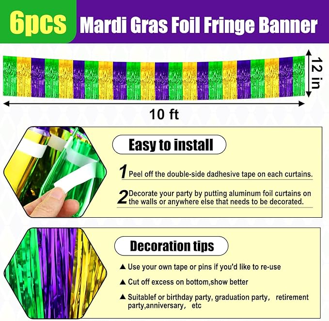 6 Pack 10 Feet Gold Green Purple Foil Fringe Garland Metallic Tinsel Streamers - Image 2