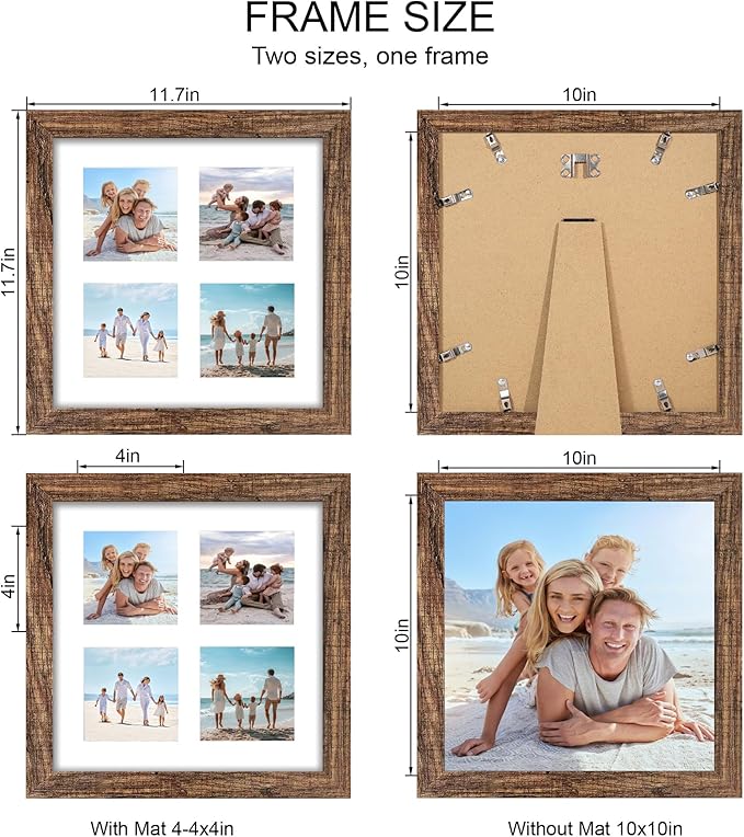 10x10 Picture Frame Set of 2, Real Glass and Rustic Brown Collage Frame - Image 2