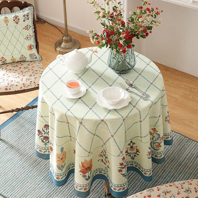 ISAENNE Designer Linen Floral Small Round Tablecloth, Light Green Farmhouse - Image 8