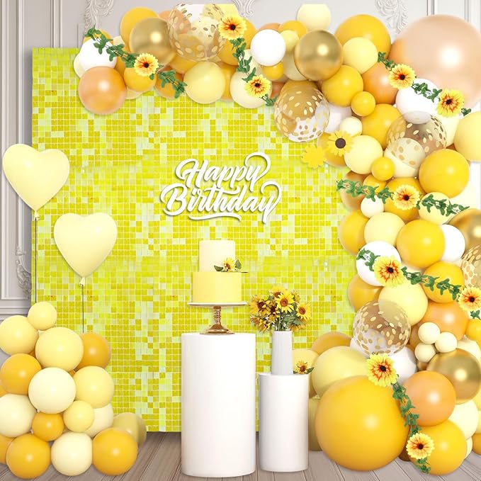 12PCS Colorful Yellow Shimmer Wall Backdrop, Square Sequin Photo Backdrops Panel by ZEBMOON