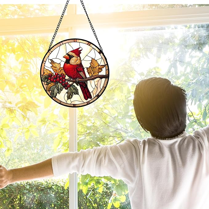 Stained Glass Window Hanging, Birds on a Branch Cardinal Sun Catchers Diamond - Image 2