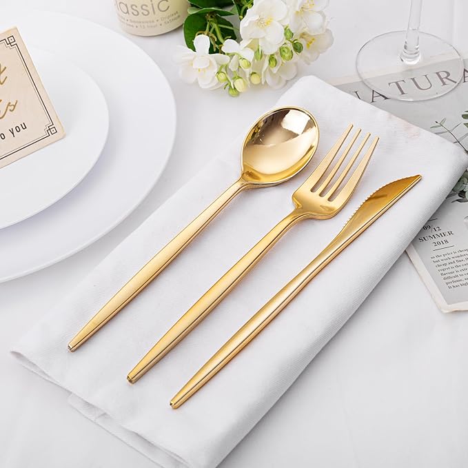 PULOTE 300PCS Gold Plastic Silverware Set Disposable - Image 3