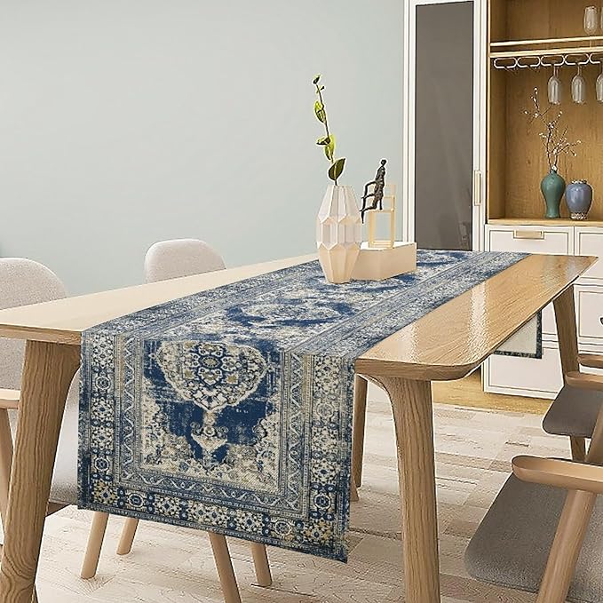 Vintage Boho Floral Table Runner, Rustic Country Farmhouse Blue Teal Retro - Image 3