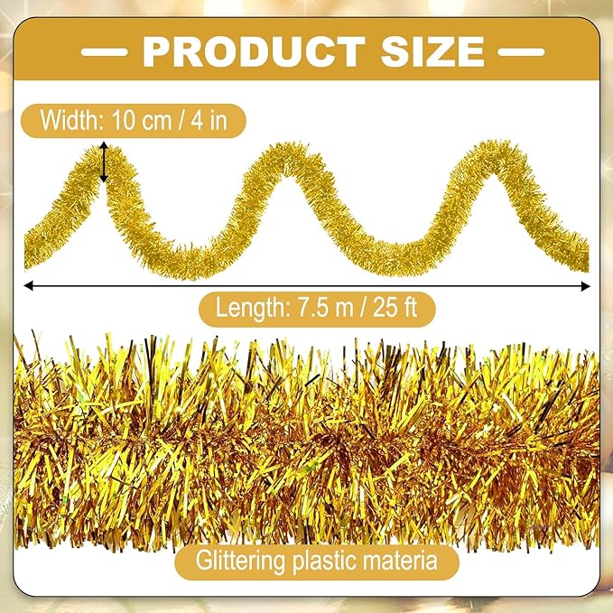 25 Feet Christmas Tinsel Garland, Metallic Twist Wall Hanging Tinsel Backdrop - Image 2