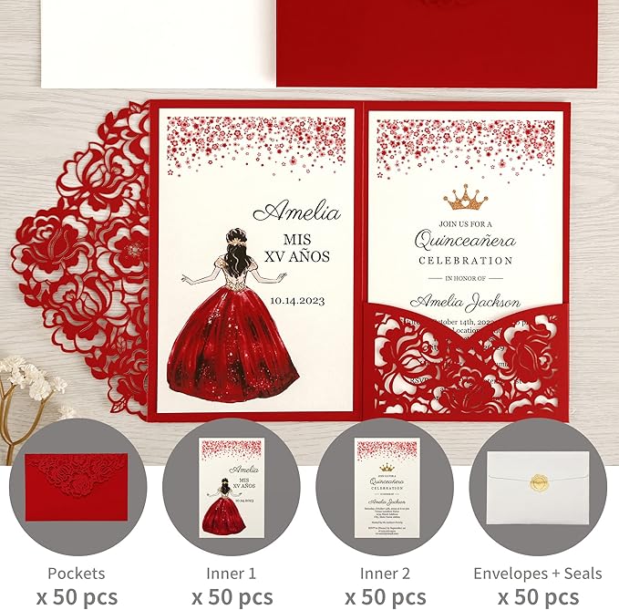 DORIS HOME 50pcs Laser Cut Quinceanera Invitations Red, 4.7x7.1 Personalized - Image 4